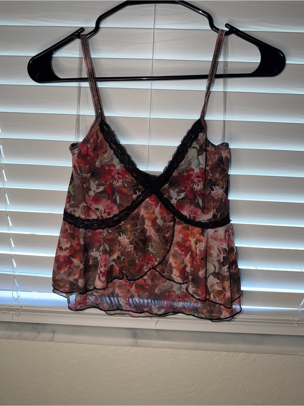 Windsor Floral Lace-Trim Sheer Camisole in Red and Black
